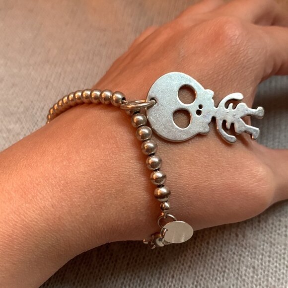 2x32$ ❄️👸👑 Trio Necklace Bracelet & Earrings - silver tone skull & bead chain - Picture 9 of 13